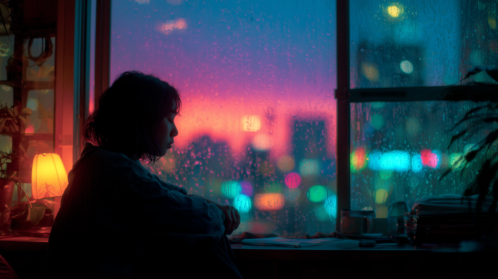 雨の窓辺に座る女性のイメージ